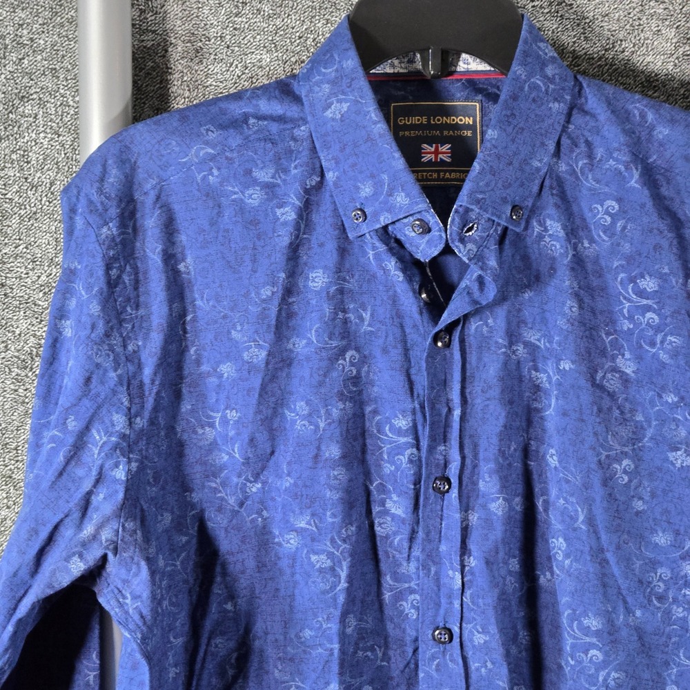 Guide London Mens Blue Floral Damask Stretch Button Down Shirt Premium Range L - Picture 3 of 8